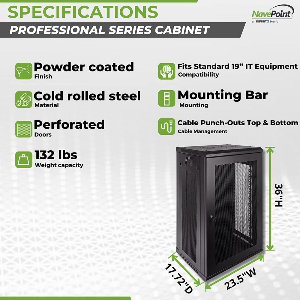 Navepoint 18U Deluxe IT Wallmount Cabinet Enclosure 19-Inch Server Network Rack with Locking Perforated Door 16-Inches Deep Black