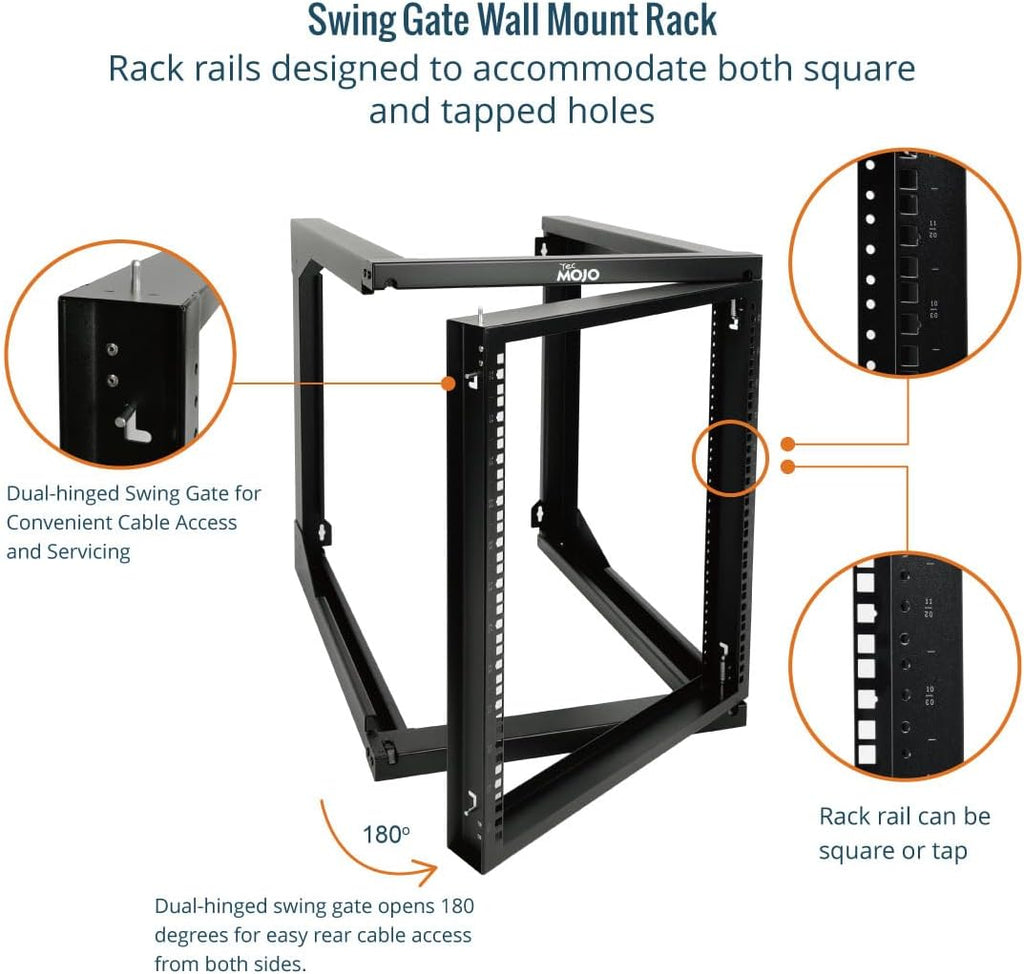 Tecmojo 12U Wall Mount Server Rack, Open Frame Network Rack for 19' Computer/AV/Data/IT/Media Equipment, 24' Depth, 16' Apart Mounting Holes, Swing Gate, Square and Tapped Holes