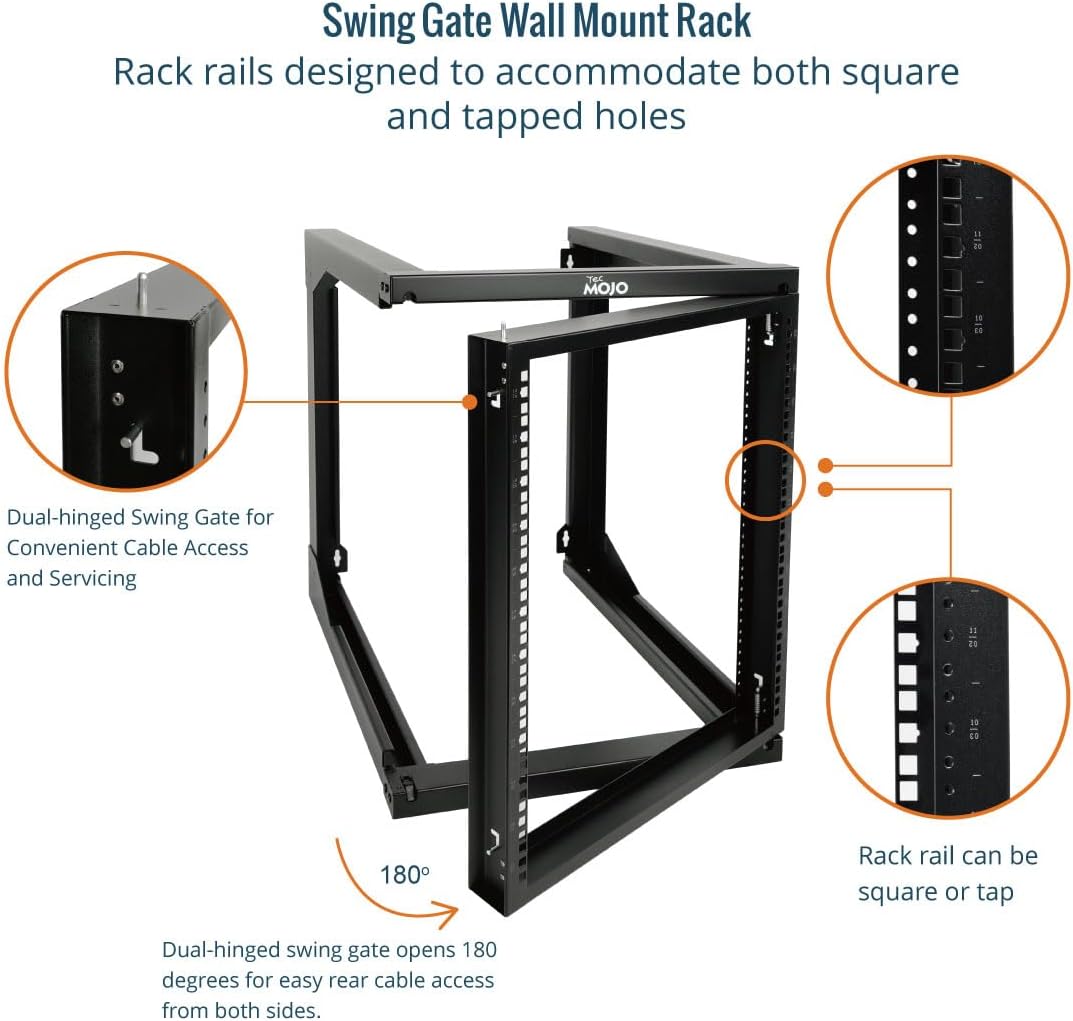 Tecmojo 12U Wall Mount Server Rack, Open Frame Network Rack for 19' Computer/AV/Data/IT/Media Equipment, 24' Depth, 16' Apart Mounting Holes, Swing Gate, Square and Tapped Holes