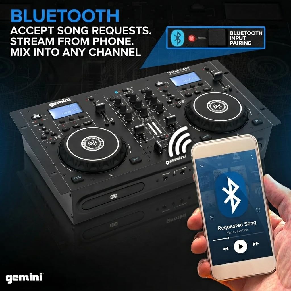Gemini Sound CDM-4000BT: All-in-One DJ Standalone DJ CD Player & Mixer Combo with Bluetooth - Dual CD/USB for Home & Event Use, User-Friendly Controls with Jog Wheels and Pitch Control