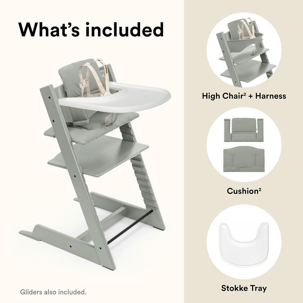 Stokke Tripp Trapp High Chair 2 (Glacier Green), Cushion 2 (Glacier Green) + Stokke Tray (White) - Includes Chair + Baby Set 2 with Removable Harness for Children 6-36 Months