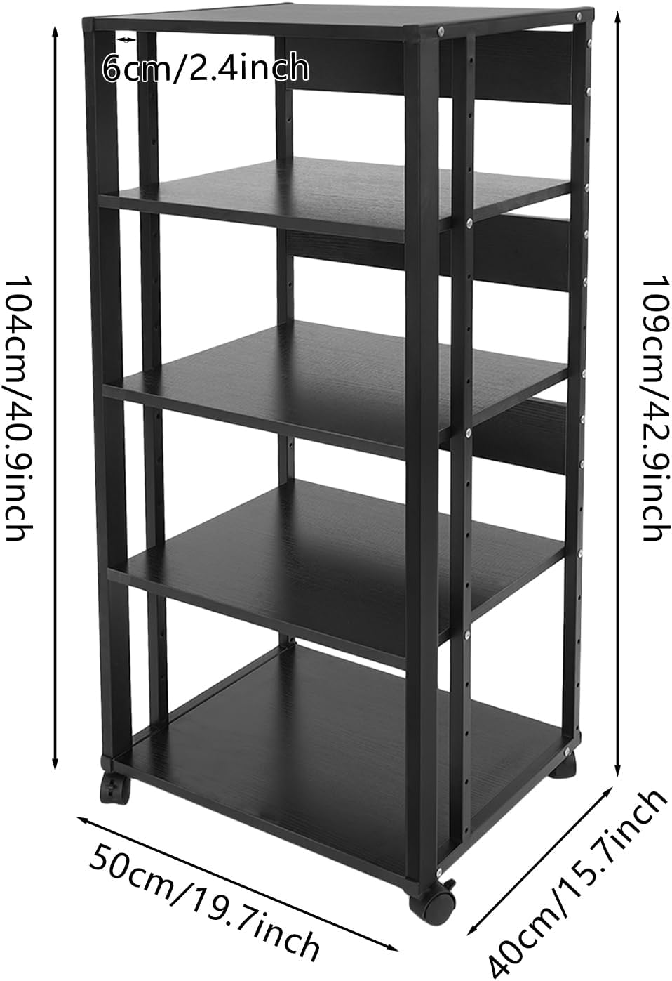 5-Tier Av Media Stand, Media Console Cabinet with Four Lockable Wheels & Adjustable Spacing, Metal Audio Tower Rack Equipment shelf for Amplifier Stereo Karaoke Machine Projectors CD/DVD Players Etc