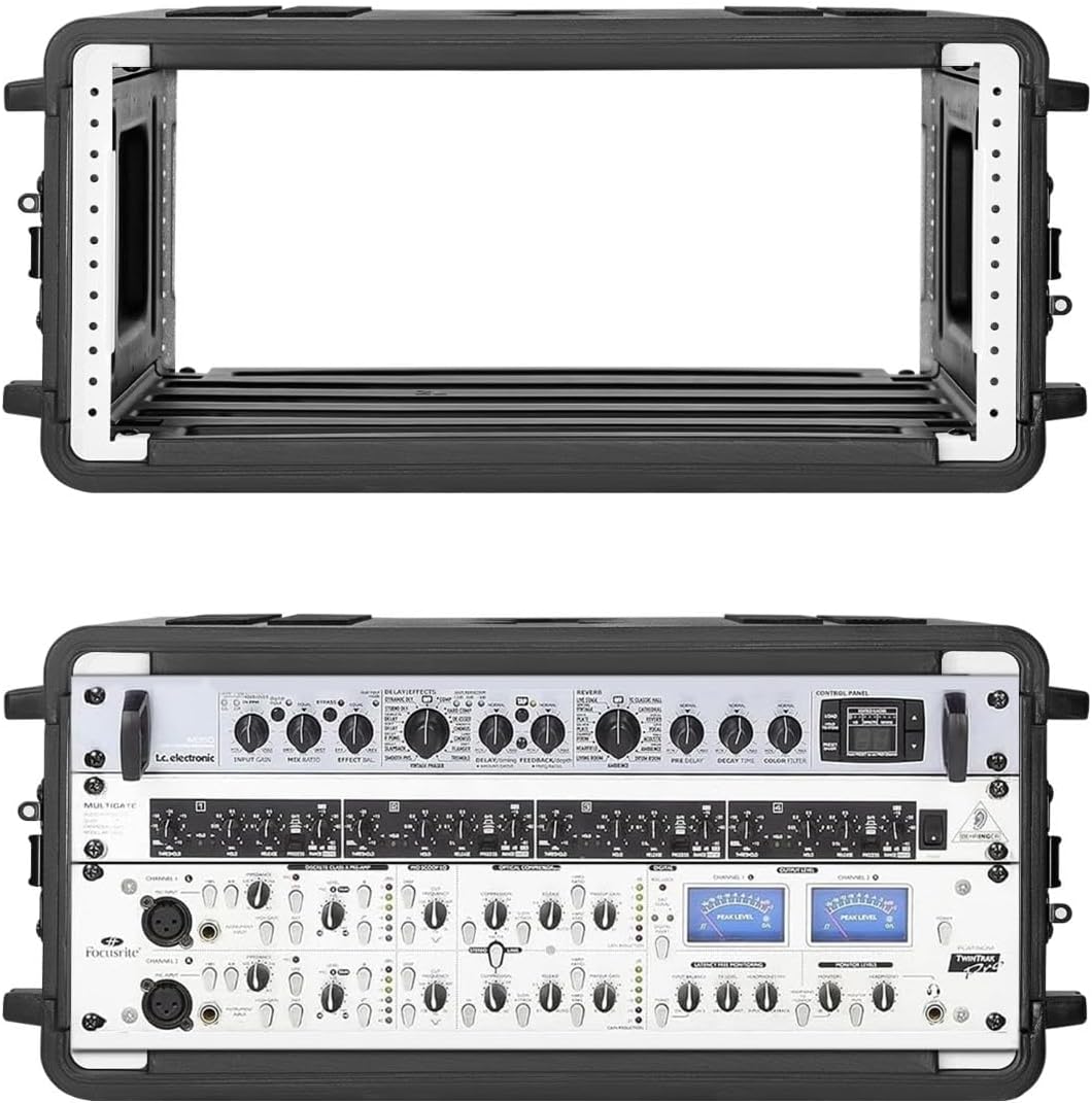 4U Rack Case Shallow 17' Depth, 19' Rackmount Flight Cases Easy Installation Portable Carry Watertight Dust Proof 2 Space Shockproof Mount Racks with Microphone Compartments Space Saving