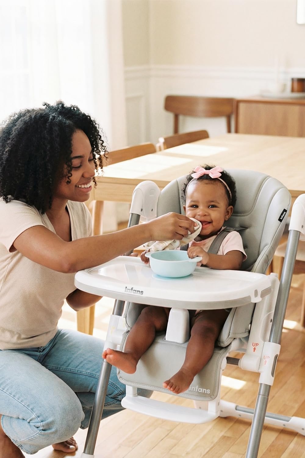 INFANS High Chair for Babies and Toddlers, Foldable Highchair with 7 Different Heights 4 Reclining Backrest Seat 3 Setting Footrest, Removable Tray Built-in Rear Wheels with Locks