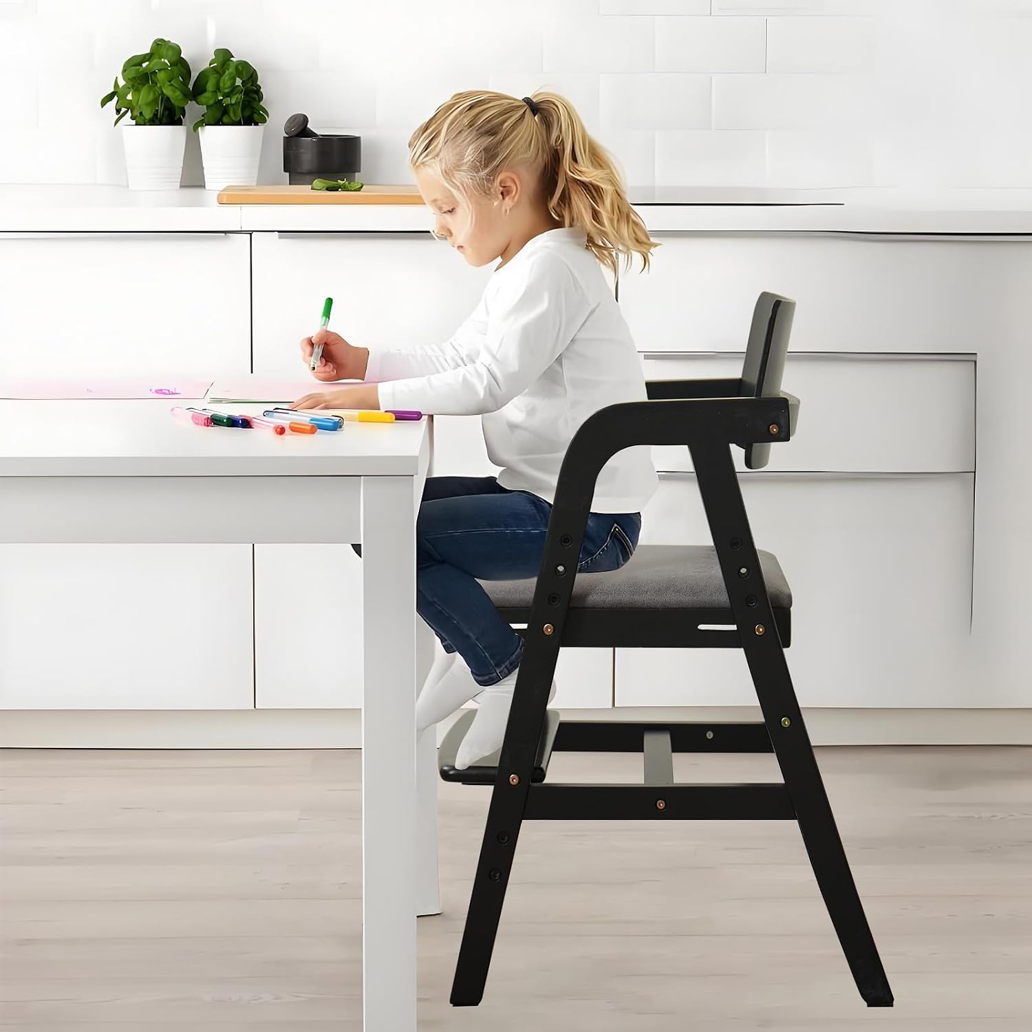 Wooden High Chair for Toddlers and Baby, Adjustable Toddler Dining Chair Grows with Kid, Ergonomic Baby HighChair for Babies, Wipe Clean Skin-Friendly Cushion, for Home & Restaurant - Black