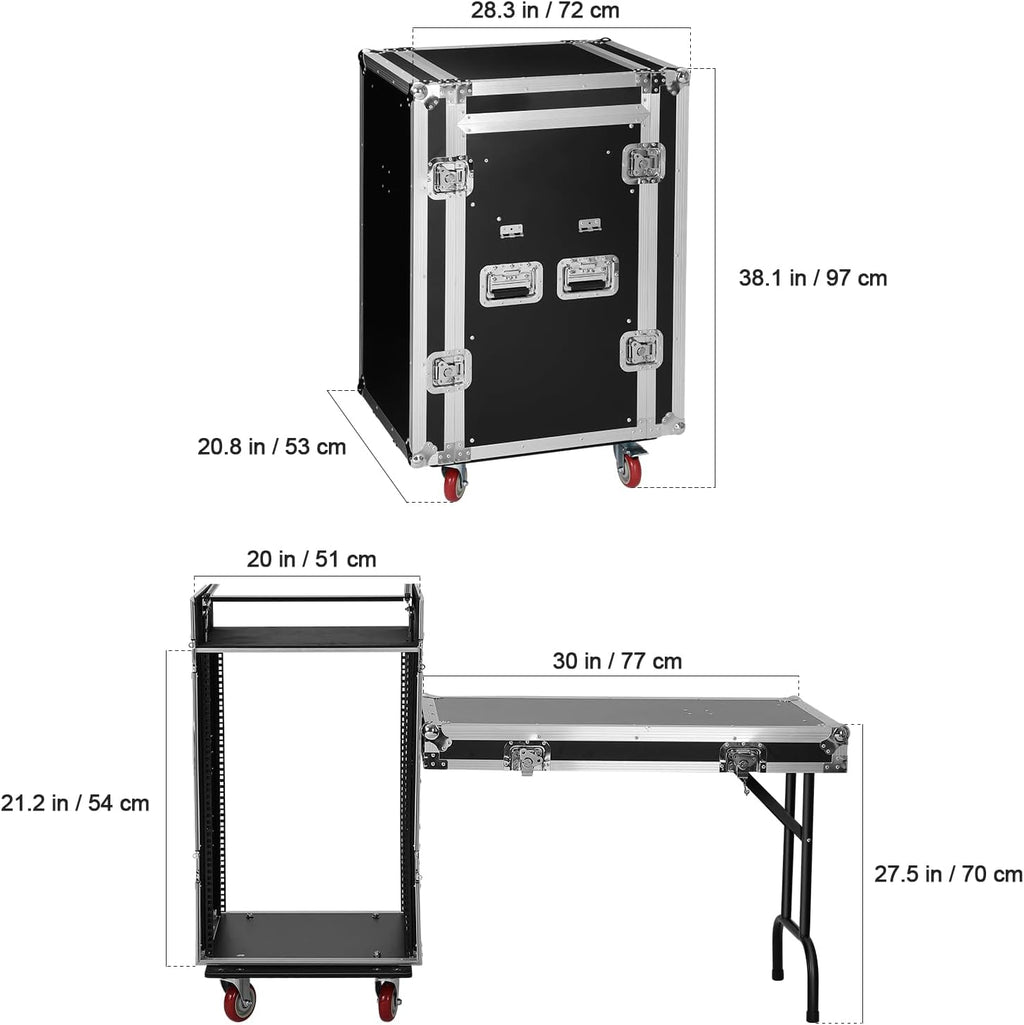 16u Road/Rack Case with 60° Slant Mixer Top, 2 Side Table up to 110lb 20' Rackable Depth Plywood, 4 Casters with Brake System & Tour Grade Hardware ATA Rack Cases Audio Mixer for Pro Stage Performance