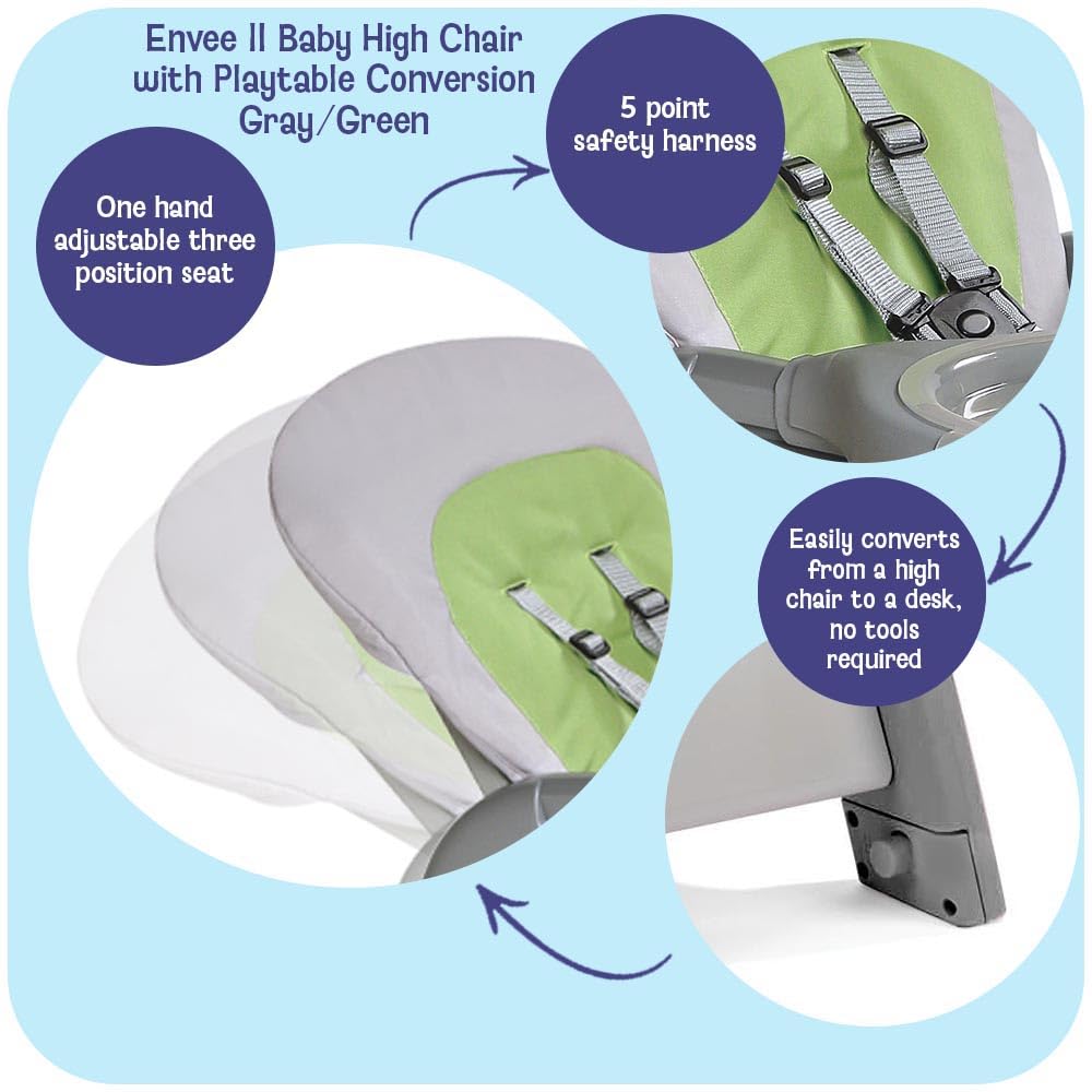 Badger Basket Envee II Convertible Baby High Chair with Infant Feeding Seat, Booster Seat, and Toddler Desk with Chair - Gray/Green
