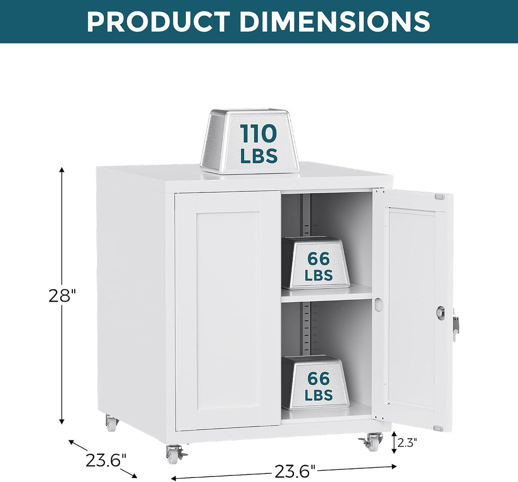 Large Printer Stand with Storage and Lock, 3D Heavy-Duty Printer Cabinet, Printer Table for Home Office with Doors and Adjustable Shelves, for Office Copier and Fax Machine, White