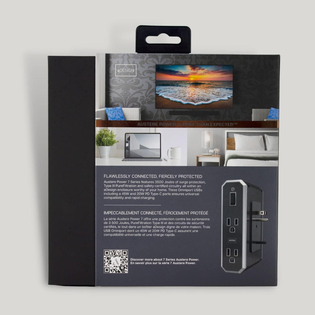 Austere VII Series, Wall Power 4 Outlet Surge Protector, 3500 Joules, Isolated EMI/RFI Filtering, 2 USB-C 45W & 20W Fast Chargers, 1 USB-A 2.4 amps, Overcurrent Protection, 6 Year Component Guarantee