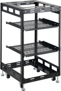 15U Open Frame Rack for Servers & AV Gear - Wall Mountable Design Includes 2X Vented Shelves, 4X Leveling Feet, 4X Casters