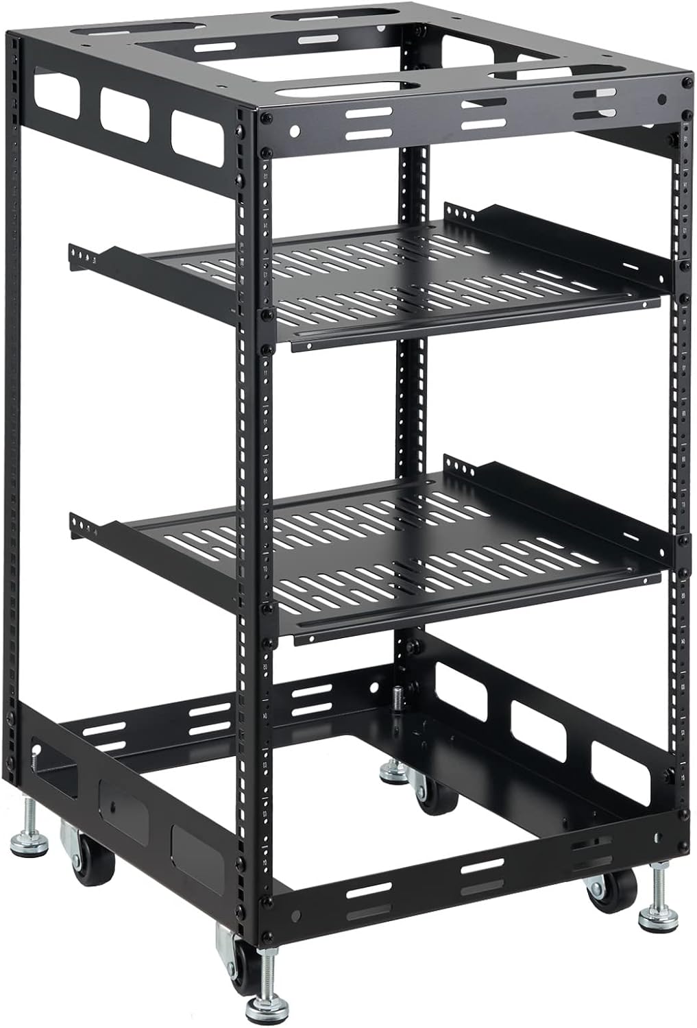 15U Open Frame Rack for Servers & AV Gear - Wall Mountable Design Includes 2X Vented Shelves, 4X Leveling Feet, 4X Casters