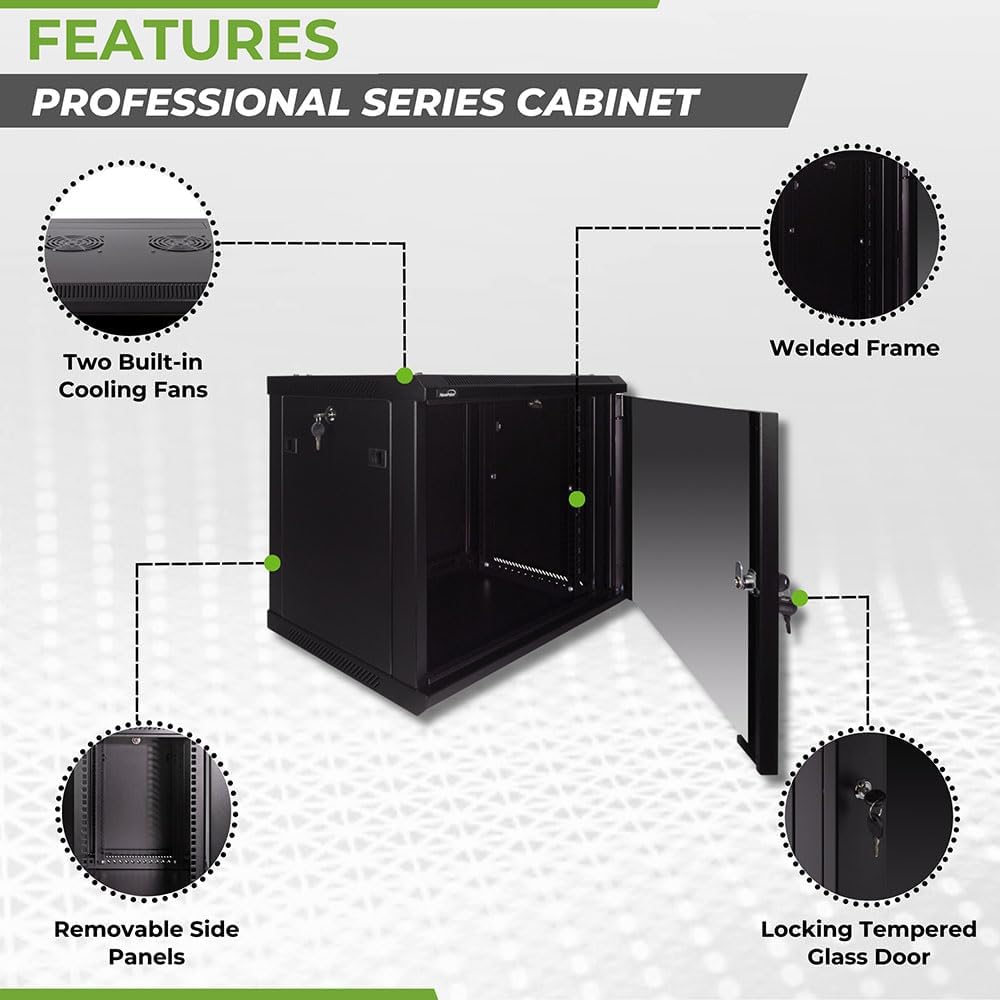 Navepoint 9U Deluxe IT Wallmount Cabinet Enclosure 19-Inch Server Network Rack with Locking Glass Door - Black