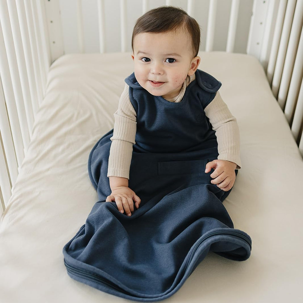 Woolino 4 Season Ultimate Baby Sleep Sack – Merino Wool Baby Sleeping Bag, Organic Cotton Outer, Temperature Regulating Wearable Blanket, All Season, 2 Months–2 Years - Indigo