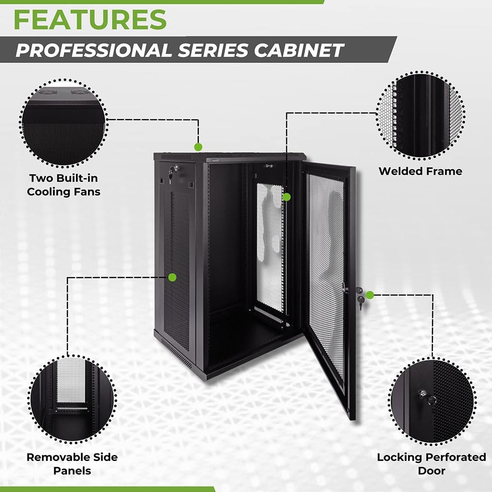 Navepoint 18U Deluxe IT Wallmount Cabinet Enclosure 19-Inch Server Network Rack with Locking Perforated Door 16-Inches Deep Black