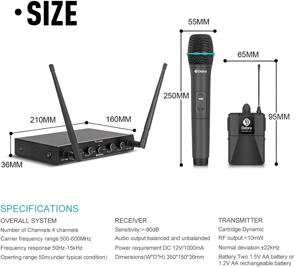 Debra Audio Pro UHF 4 Channel Wireless Microphone System with Cordless Handheld Lavalier Headset Mics, Metal Receiver, Ideal for Karaoke Church Party(with 4 Handheld (B))