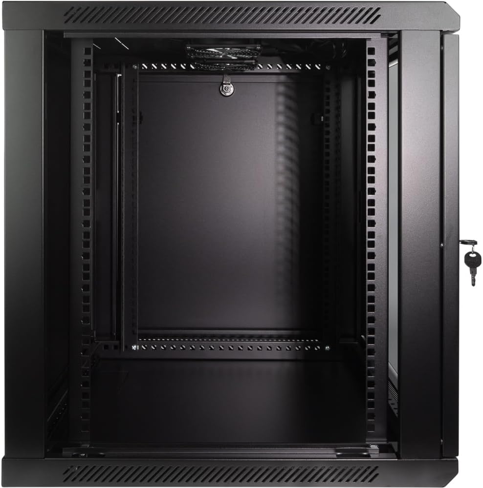 NavePoint 12U Server Rack Enclosure - 23.6' Deep, 12U Wall Mount Network Cabinet with Locking Glass Door for 19' IT Equipment, 12U Network Rack with 2 Fans, Removable Side Panels, Black