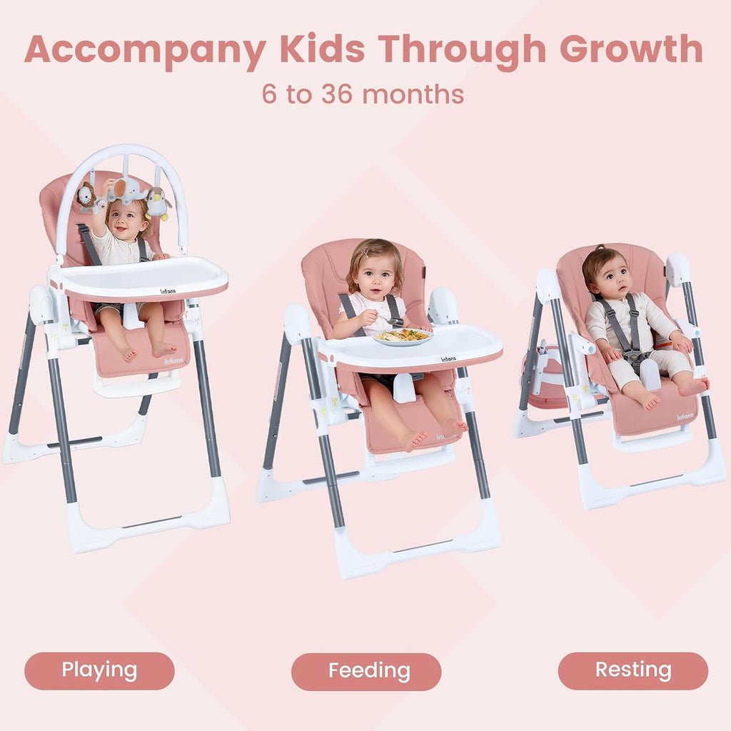 INFANS High Chair for Babies and Toddlers, Foldable Highchair with 7 Different Heights 4 Reclining Backrest Seat 3 Setting Footrest, Removable Tray Built-in Rear Wheels with Locks