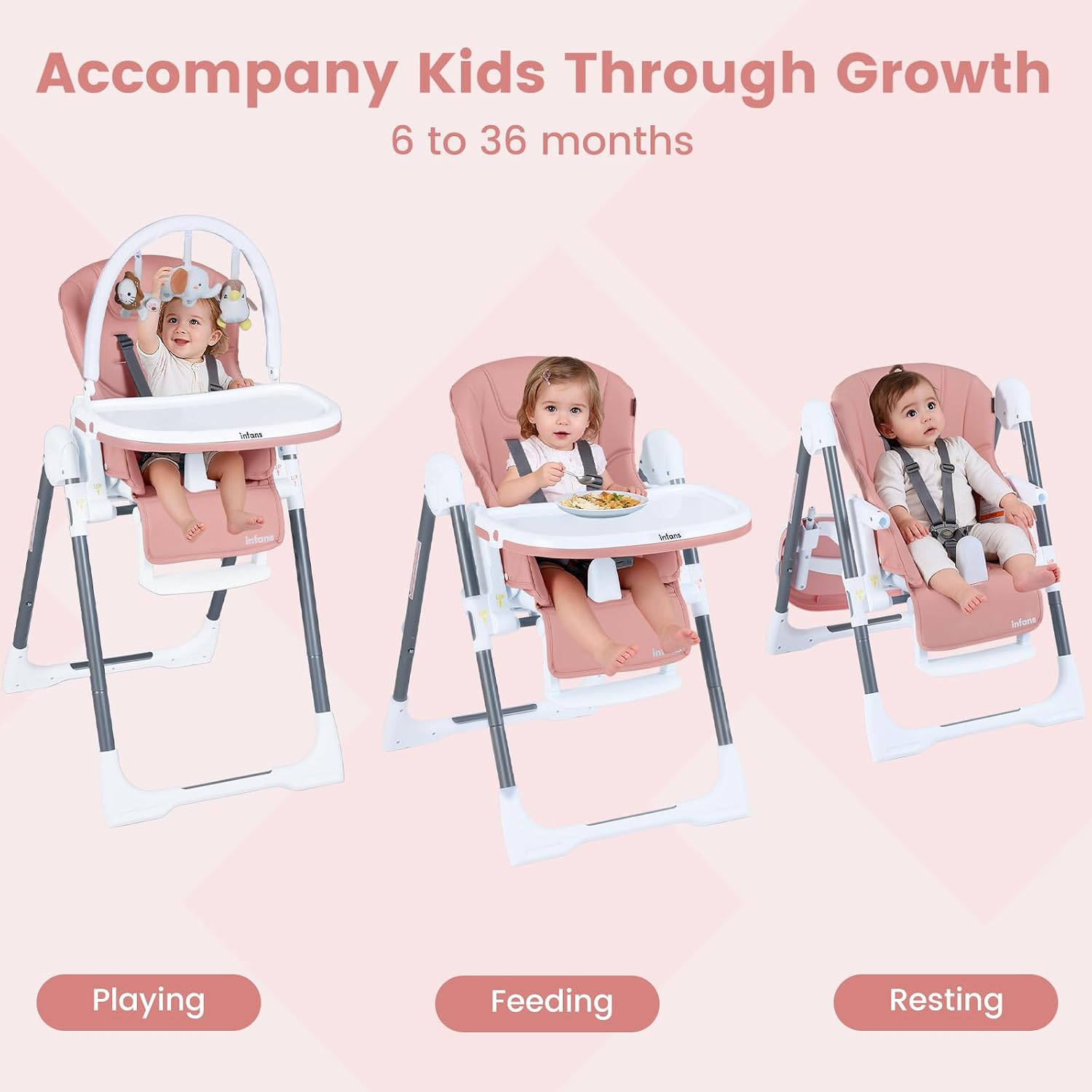 INFANS High Chair for Babies and Toddlers, Foldable Highchair with 7 Different Heights 4 Reclining Backrest Seat 3 Setting Footrest, Removable Tray Built-in Rear Wheels with Locks
