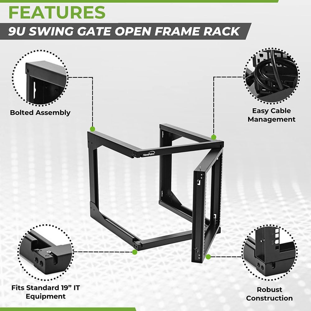 NavePoint 9U Server Rack with Swing Gate - Wall Mount Rack for 19 Inch IT & AV Equipment - 24' Deep, Black