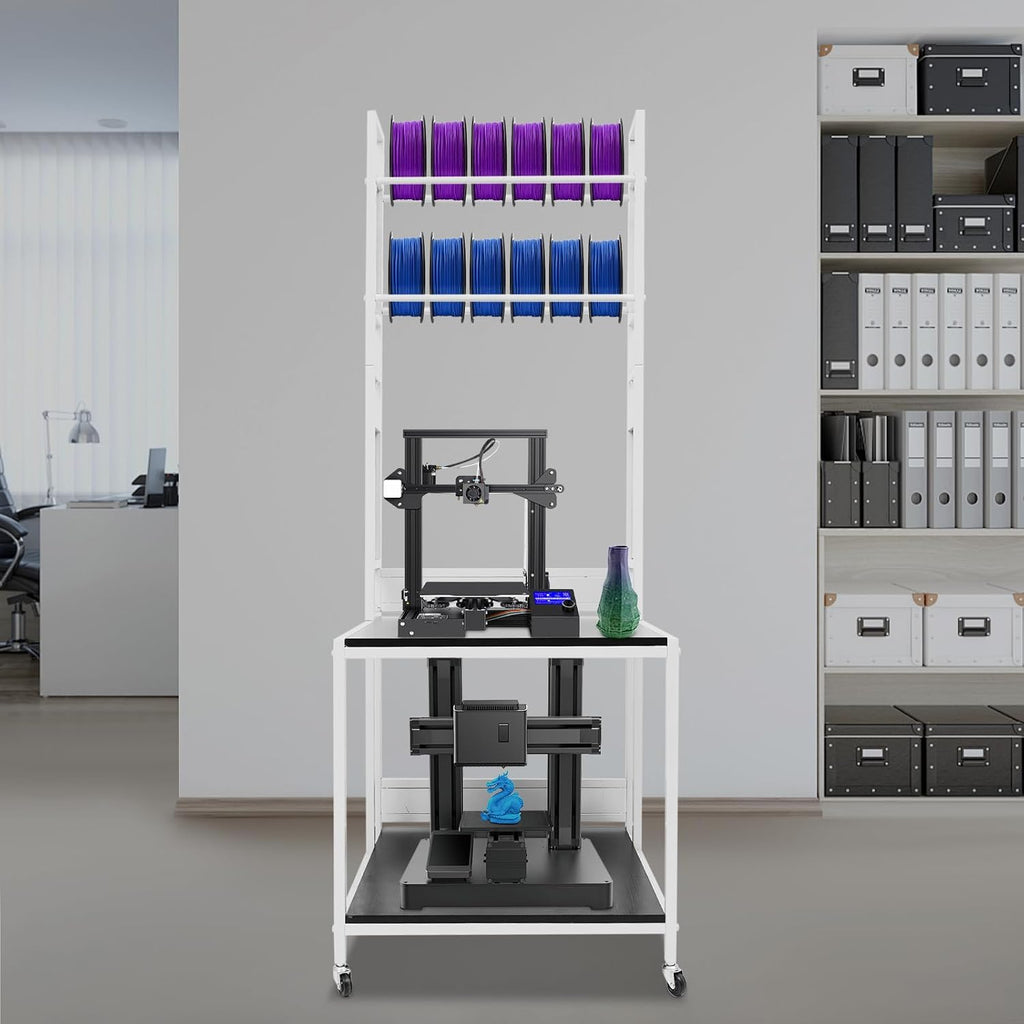 3D Printer Stand Double Layer 3D Printer Filament Storage Rack, Spools Holder Racks, Mobile Printer Table with Wheels for Studio Office Storage and Organization (White)