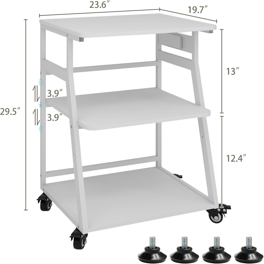Natwind 23.6'x19.7' Large Printer Stand,3 Tier Printer Table with Charging Station, Rolling Cart with Adjustable Storage Shelf for Home Office Organization, Stand for Heat Press,3D Printer (White)