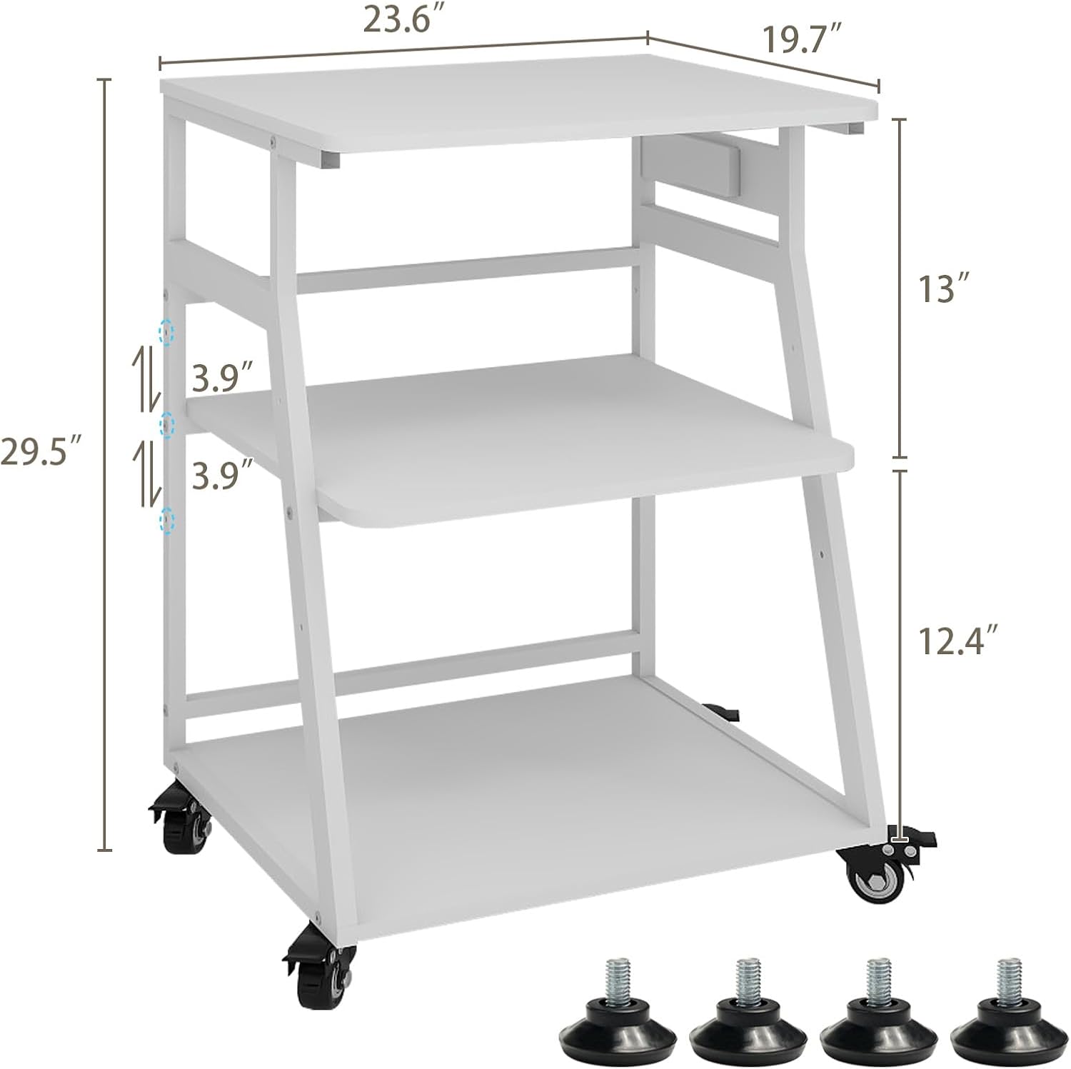 Natwind 23.6'x19.7' Large Printer Stand,3 Tier Printer Table with Charging Station, Rolling Cart with Adjustable Storage Shelf for Home Office Organization, Stand for Heat Press,3D Printer (White)