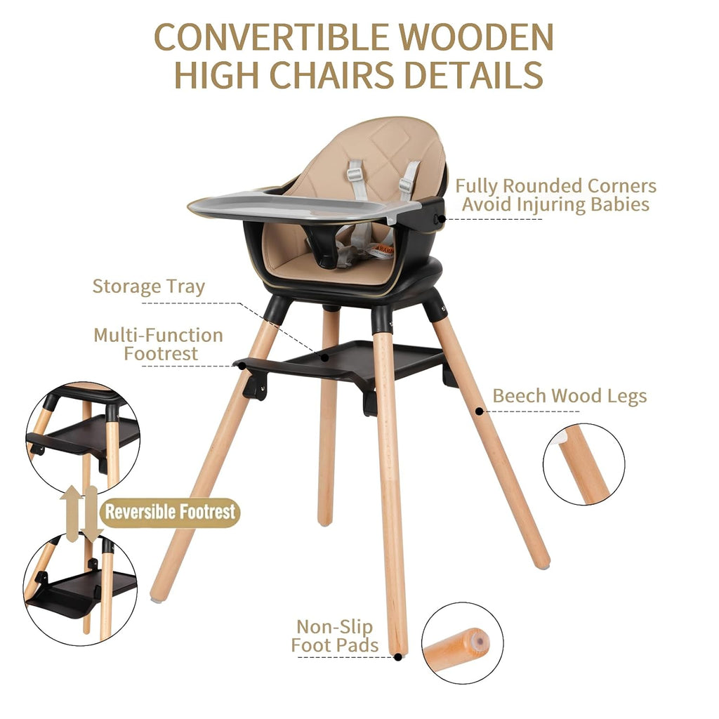 6 in 1 Baby High Chair, Convertible Wooden High Chairs/Booster Seat for Babies and Toddlers, Baby Feeding Chair with 5-Point Harness/Double Removable Tray & Adjustable Footrest (Black)
