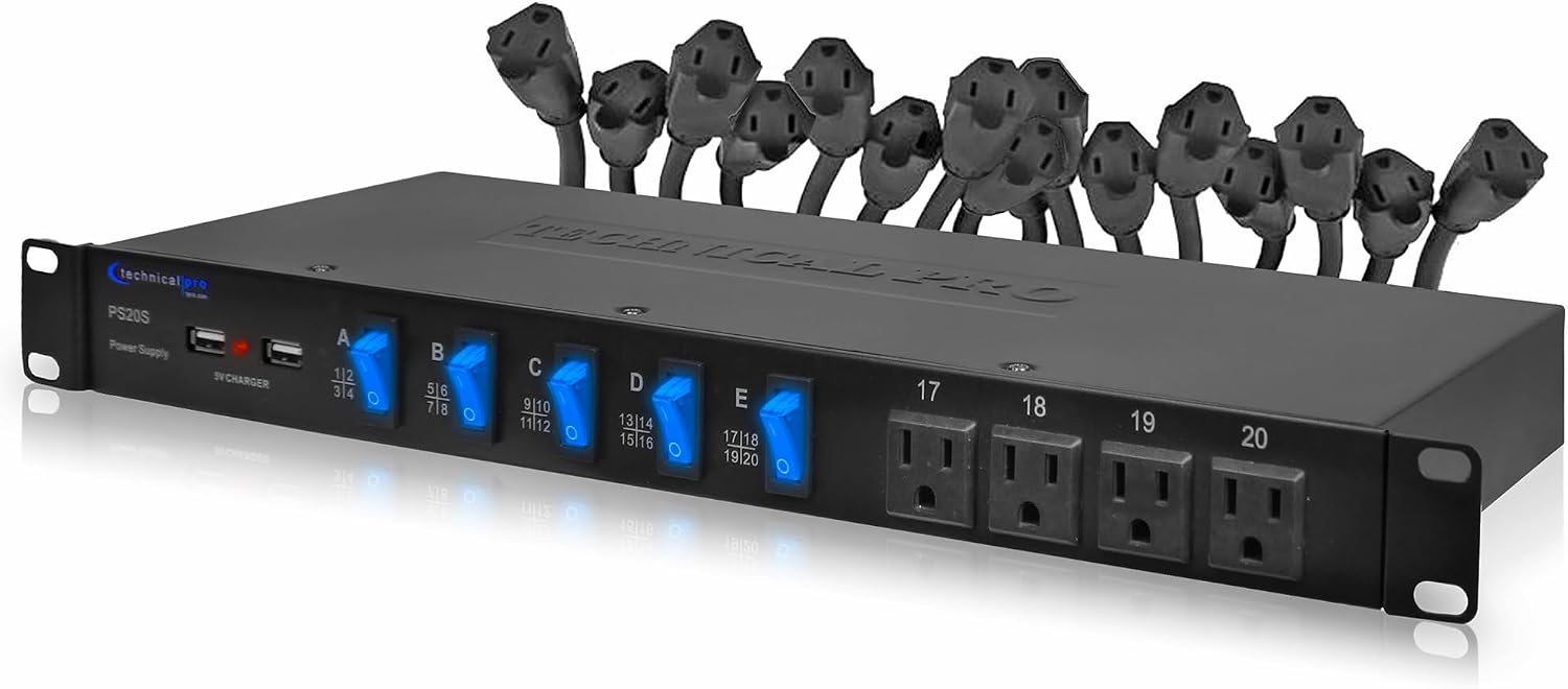 Power Strip Surge Protector, 19-Inch Rack Mount, 20 Outlets – 16 Rear 120V 3-Prong Sockets, 4 Front AC Outlets, 3 USB Ports, 5V Charging, Ideal for Home, Office & Server Rack by Technical Pro