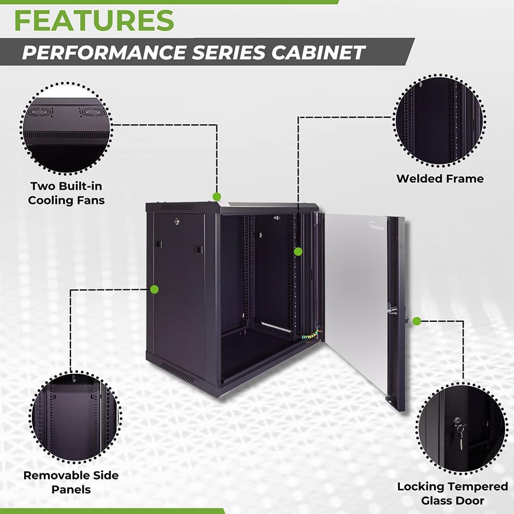 NavePoint 12U Server Cabinet Wall Mount Rack Enclosure Includes 2 Fans, Locking Glass Door, Removable Side Panels – 12U Network Cabinet 17.7' Deep, 19 Inch Server Rack for IT and A/V Equipment