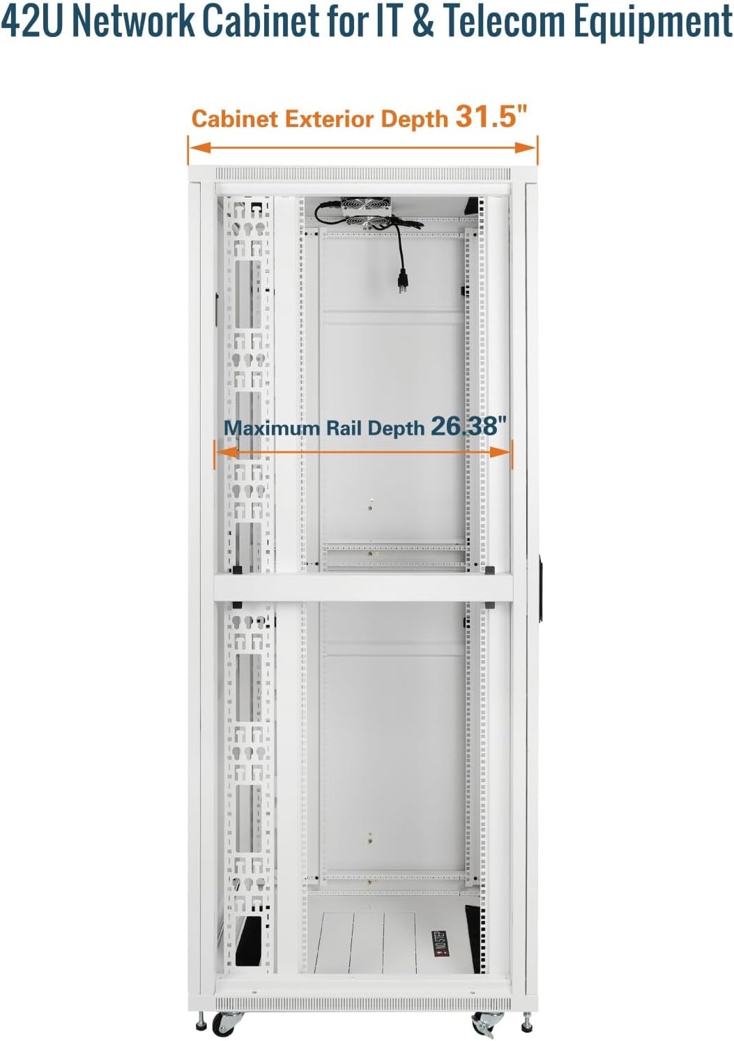 Tecmojo 42U Server Rack Network Cabinet 31.5' D x 23.6' W, Locking Data Cabinet Enclosure for 19' Server, Networking, AV & IT Equipment, Glass Door, White