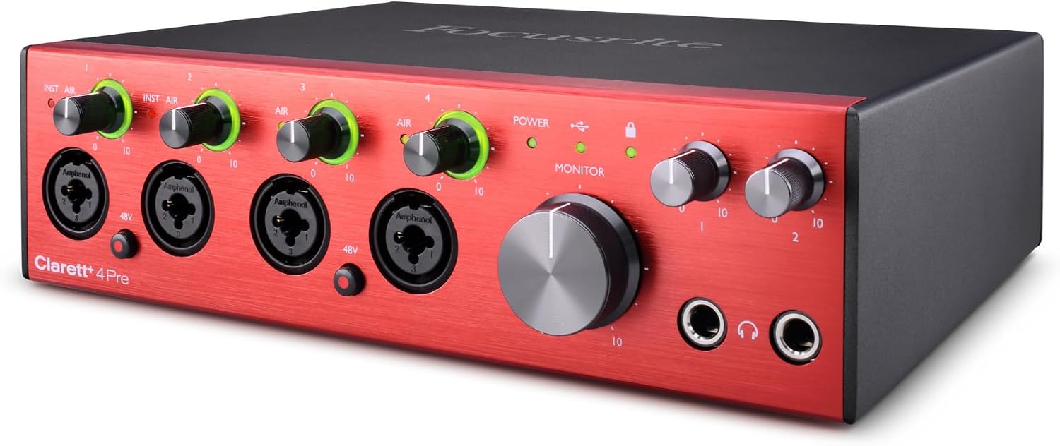 Focusrite Clarett Plus 4Pre 18-In and 8-Out Audio Interface Bundle with Headphones, 25-Feet XLR Microphone Cable (4-Pack), and TRS Cable (2-Pack) (8 Items)