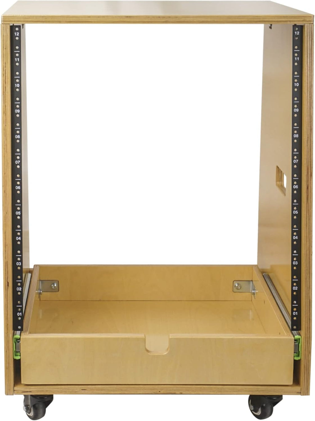 Sound Town 12U DIY Solid Baltic Birch Plywood Slanted Studio Rack with 12U Rack Space, Extra 2U Drawer, Rubber Feet, Casters, Golden Oak (SDRK-12TD2)