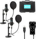 Movo iPhone Podcast Equipment Bundle - 2 Pack Condenser Microphones, 2 Desktop Mic Stands, 2 Pop Filters, 2-Channel XLR Interface with Lightning Output - Compatible with iPhone, iPad, iOS (Lightning)