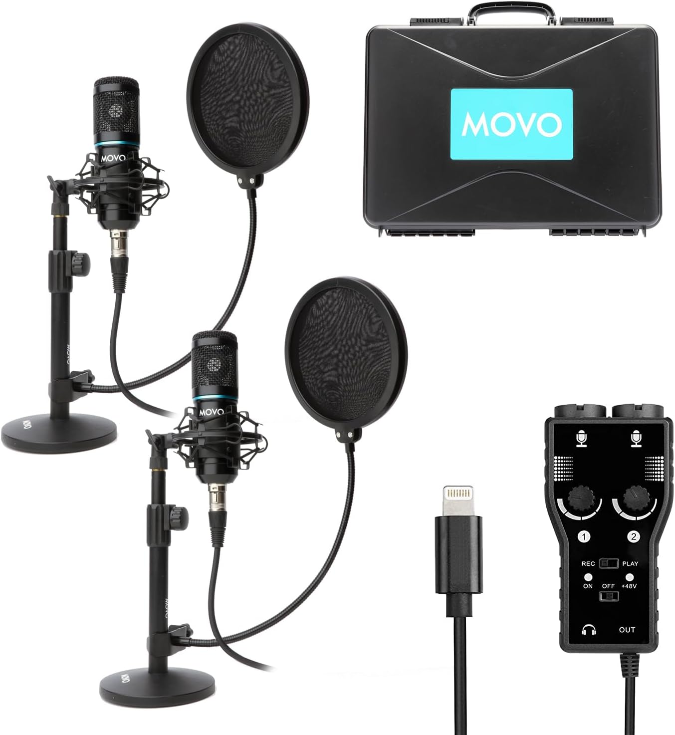 Movo iPhone Podcast Equipment Bundle - 2 Pack Condenser Microphones, 2 Desktop Mic Stands, 2 Pop Filters, 2-Channel XLR Interface with Lightning Output - Compatible with iPhone, iPad, iOS (Lightning)