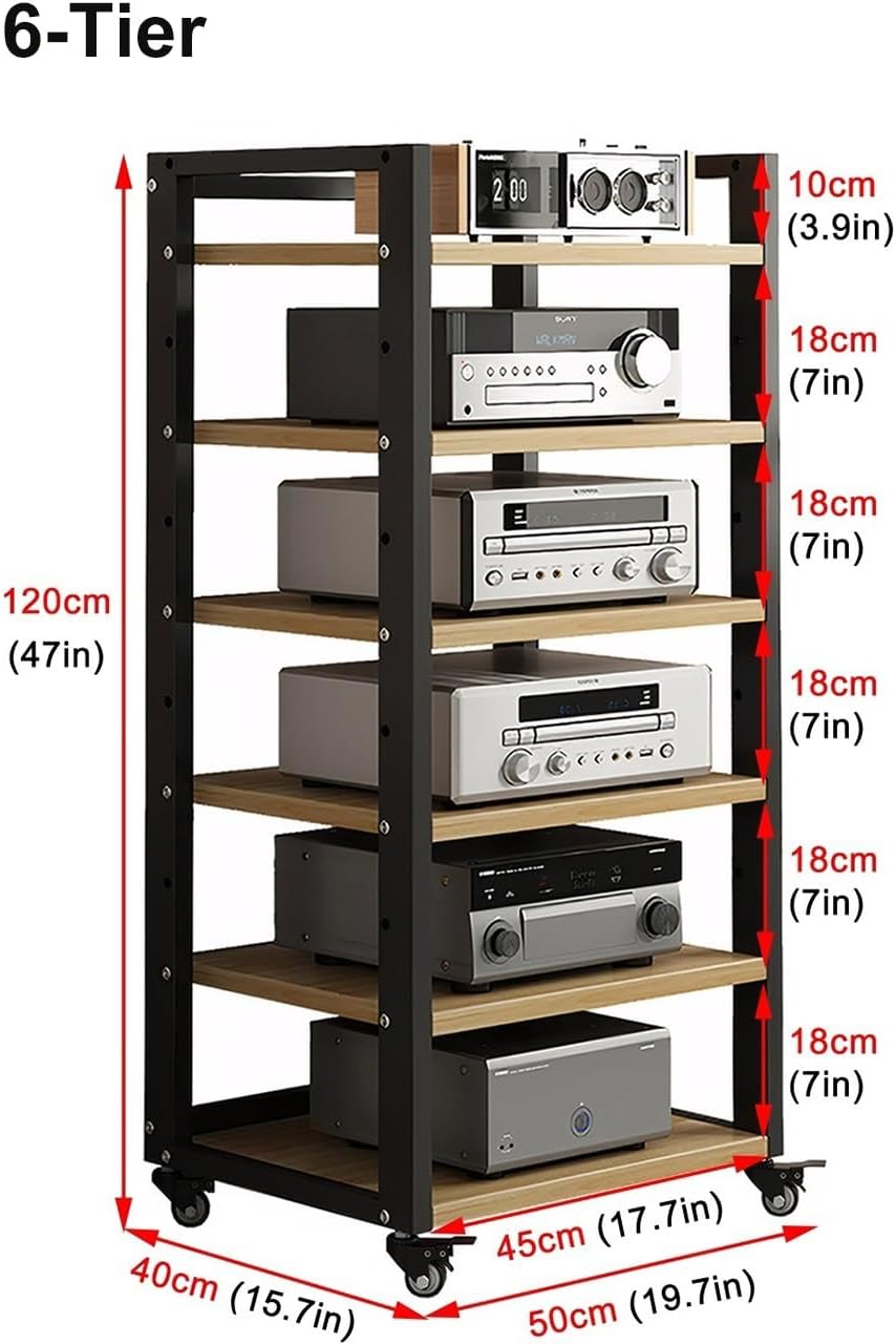 6 Tier AV Media Stand, Movable Record Player DVD CD Audio Rack Tower Holder, Adjustable Entertainment Video Game Equipment Cabinet Shelf for Home/Office/Theater (Wood Color)