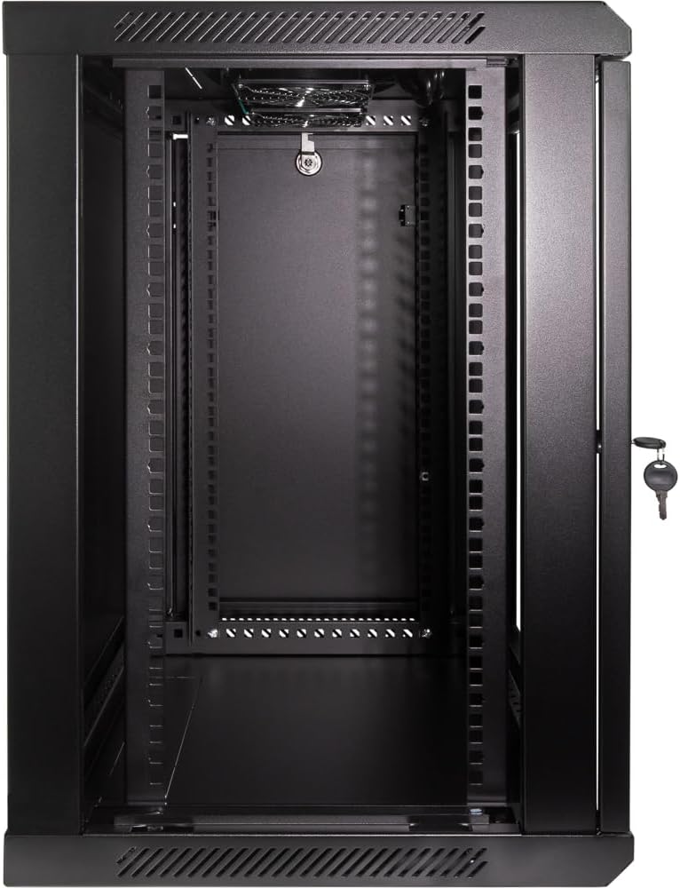 NavePoint 12U Wall Mount Network Cabinet for 19' IT Equipment, A/V, Tempered Glass Door, Locks, 2 Fans, 450mm Depth, Max Weight 132 lbs