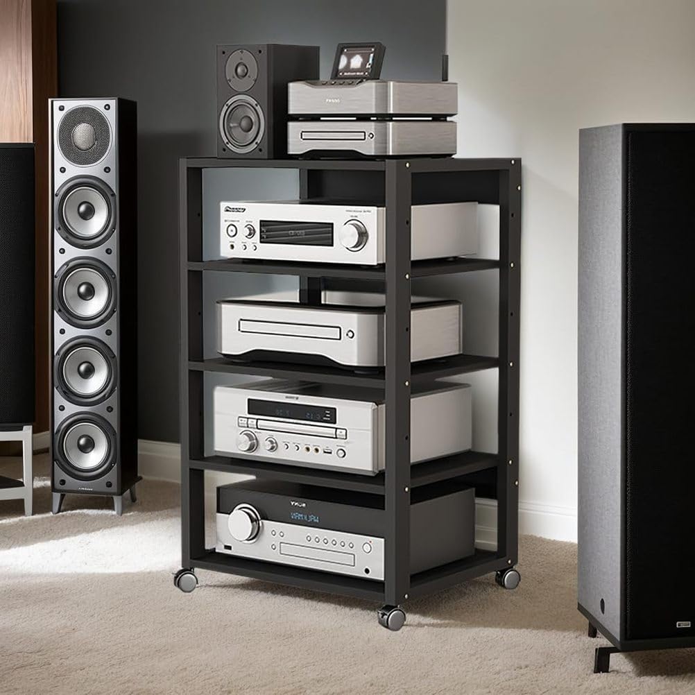 AV Media Tower Stereo Cabinet 3/4/5 Tier Floor-Standing Audio Rack CD DVD Record Player Stand Movable Corner Storage Shelf with Wheels for Home Theater,5 Tier