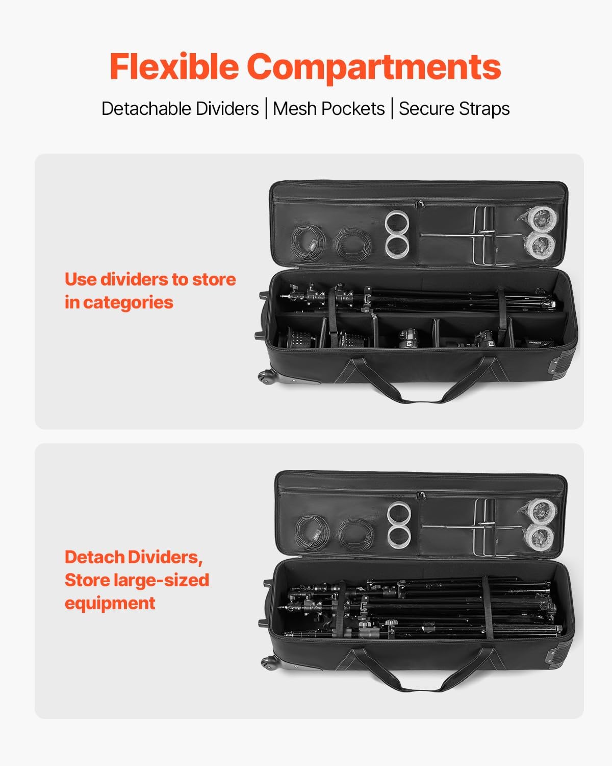 VEVOR Studio Equipment Trolley Case, 46.46 x 14.57 x 11.81 in / 118 x 37 x 30 cm, Rolling Camera Bag, Carrying Bag with Wheels Straps Padded Compartment Handle, for Light Stands, Tripods, Telescopes