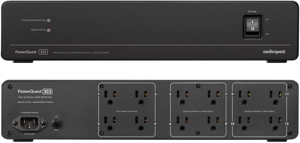 AudioQuest PQ303NA PowerQuest 303 12 Outlet Surge Protector with an AudioQuest NRGY3US01 1.0M Low-Noise AC Power Cable (2023)