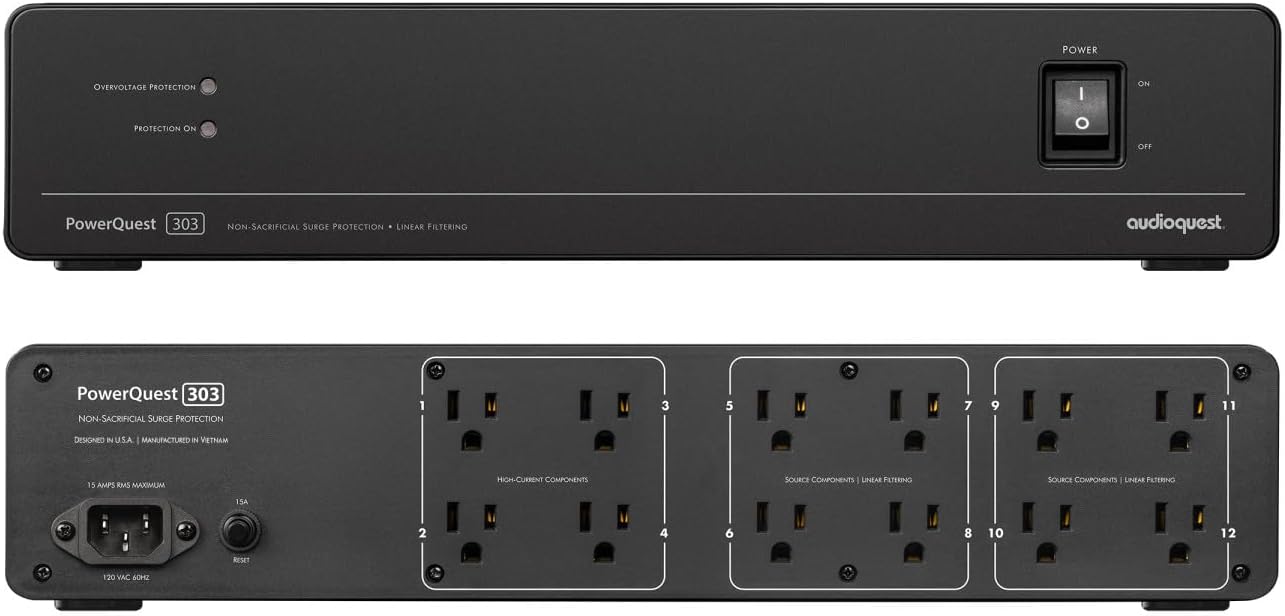 AudioQuest PQ303NA PowerQuest 303 12 Outlet Surge Protector with an AudioQuest NRGY3US01 1.0M Low-Noise AC Power Cable (2023)