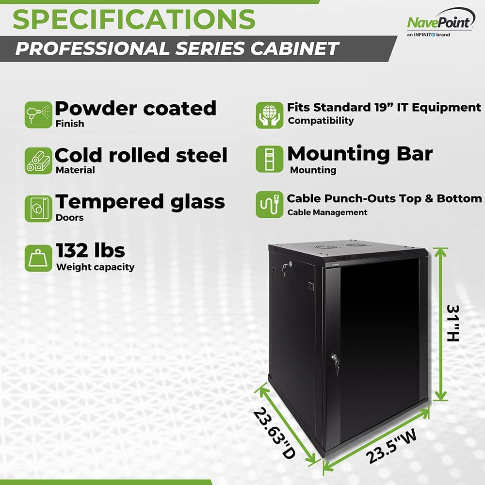 Navepoint 15U Deluxe IT Wallmount Cabinet Enclosure 19-Inch Server Network Rack with Locking Glass Door 24-Inches Deep Black