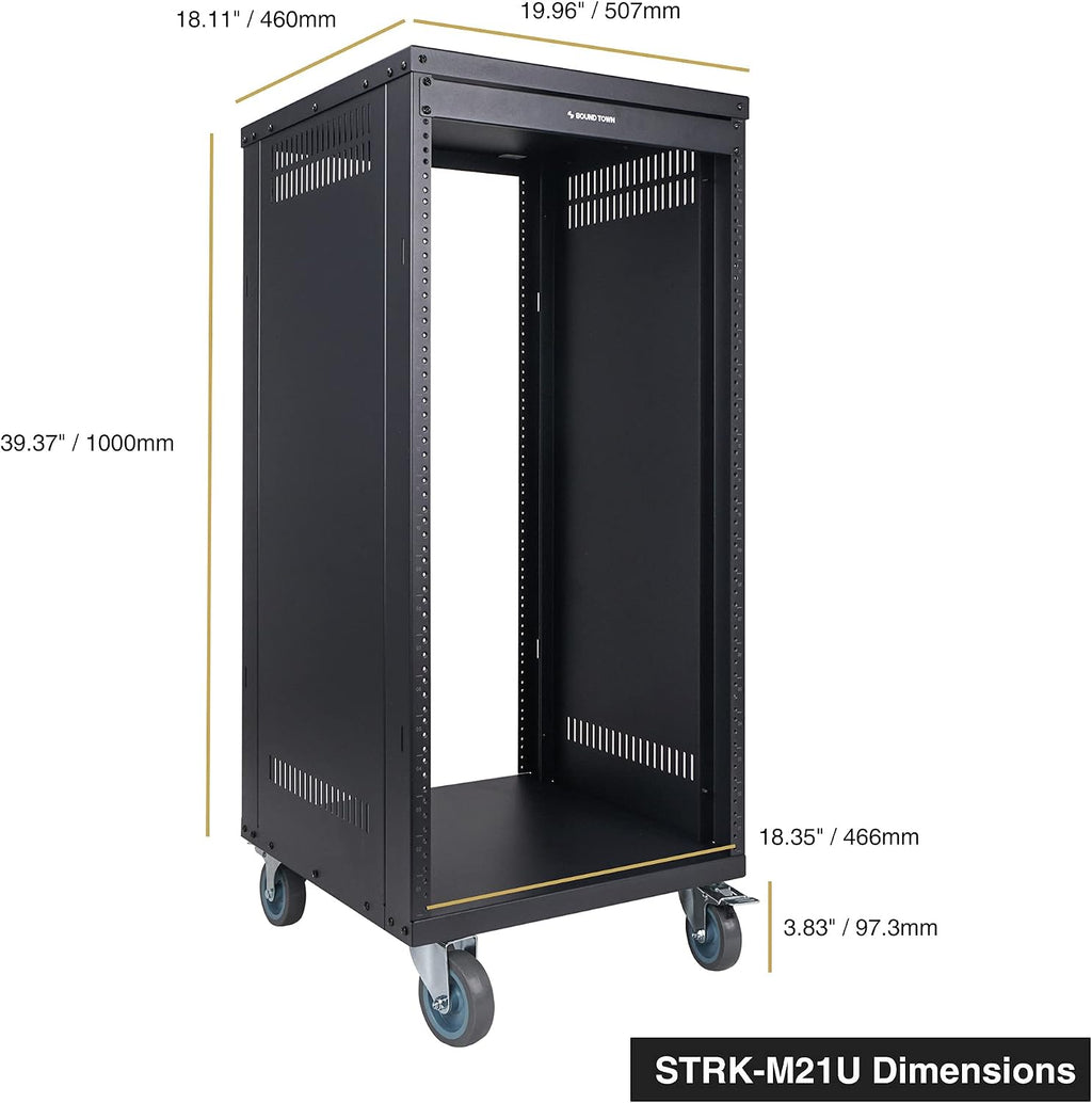 Sound Town 21U Universal Steel Rack, w/ 3' Locking Casters, Vented Side Panels for Audio Video, Server and Network Equipment (STRK-M21U)