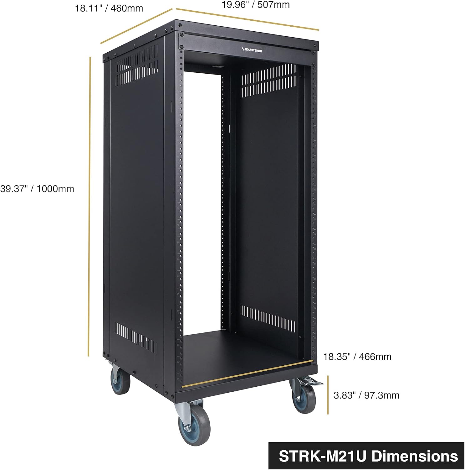 Sound Town 21U Universal Steel Rack, w/Mesh Doors, Locking Casters, Vented Side Panels for Audio Video, Server and Network Equipment (STRK-M21UWD)