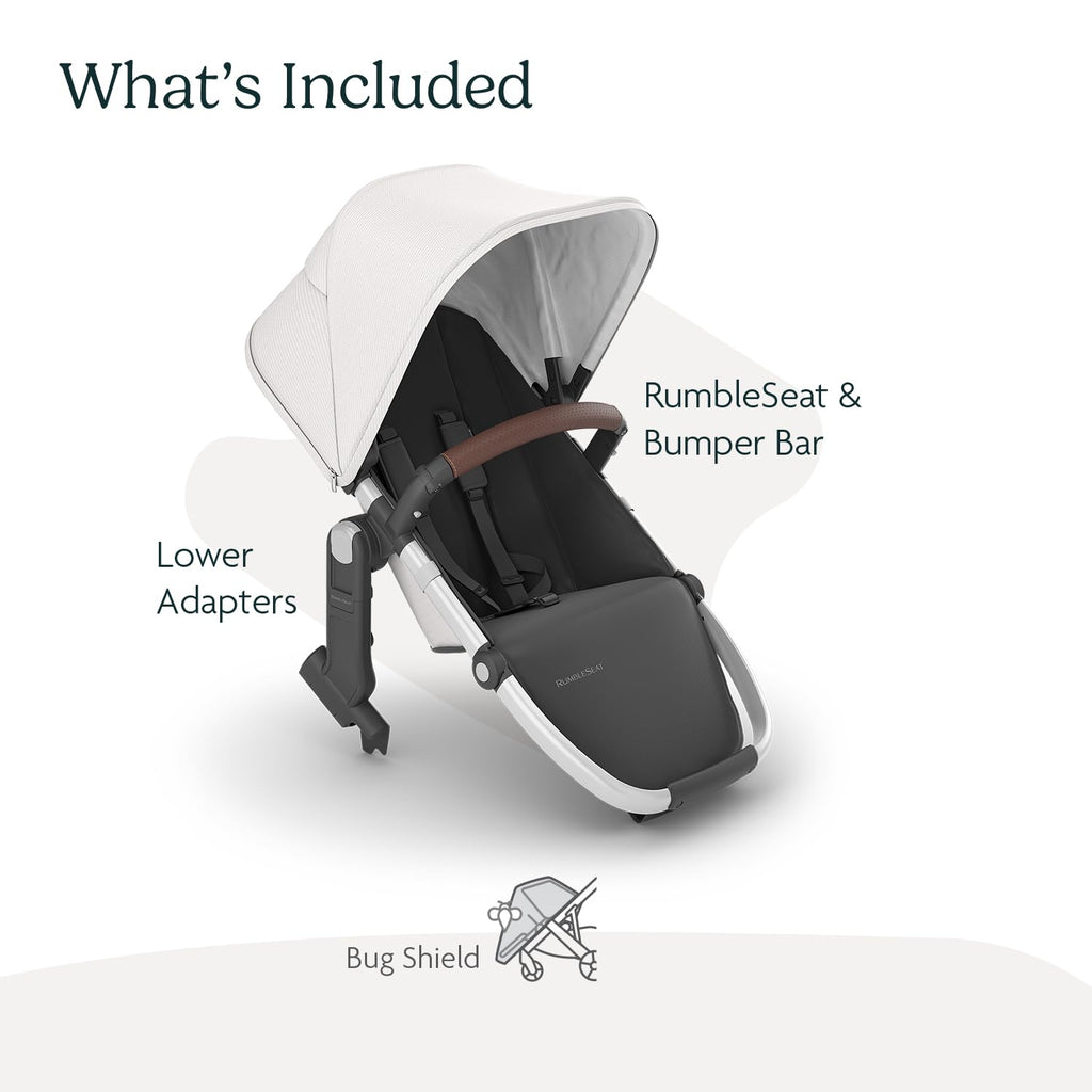 UPPAbaby RumbleSeat V2+ Second Lower Seat/Compatible with Vista V2 and Vista V3 / Adapters, Bumper Bar, Bug Shield Included/Bryce (White Marl/Silver Frame/Chestnut Leather)