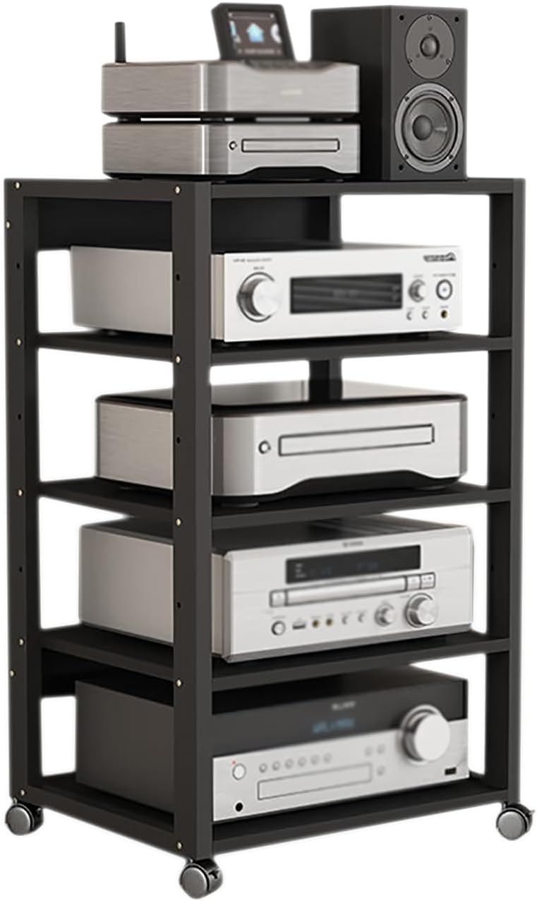 5 Tier Audio Rack Tower, CD Record Player Stereo Receiver AV Equipment Cabinet Display Rack, Weight Capacity 661 lbs, with Adjustable Wooden Shelves for Home (5 Tier Black)