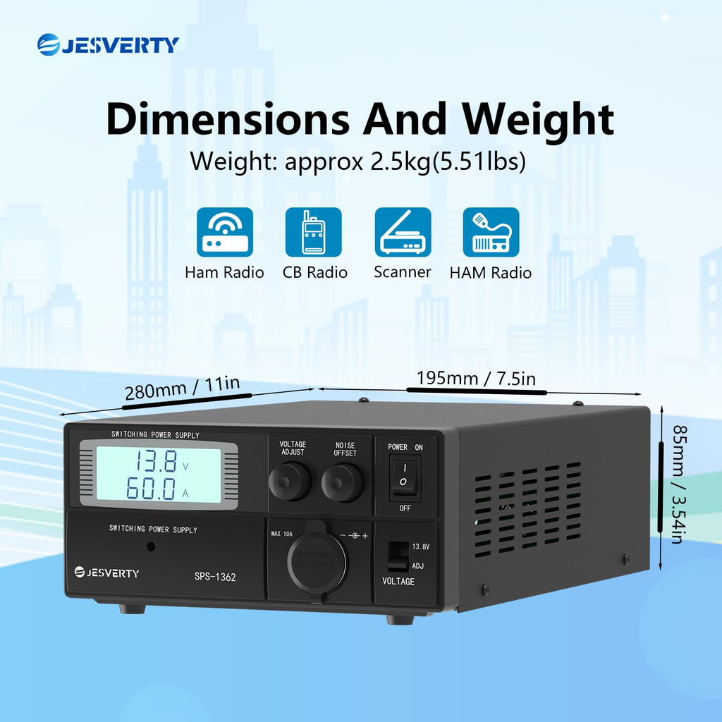 Universal Compact Bench Power Supply- 60 Amp Regulated Home Lab Benchtop AC-to-DC Converter 13.8Volt/9-15Volt, Cooling Fan, Screw Type Terminals - Jesverty SPS-1362