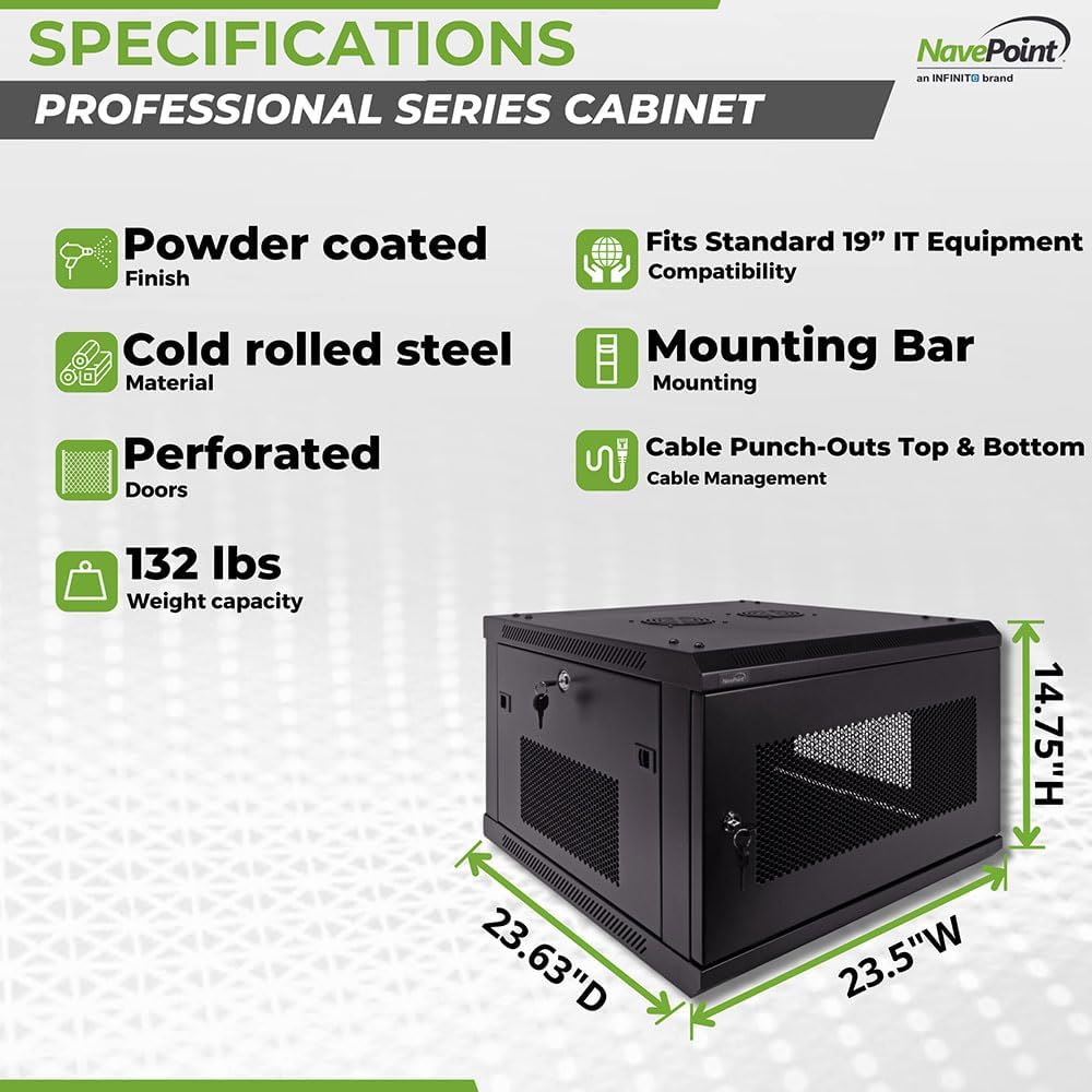 NavePoint 6U Server Rack - 17.7' Deep, Wall Mount Network Cabinet with Locking Perforated Door, 19' IT Equipment Compatible, 2 Fans, Removable Side Panels, Black