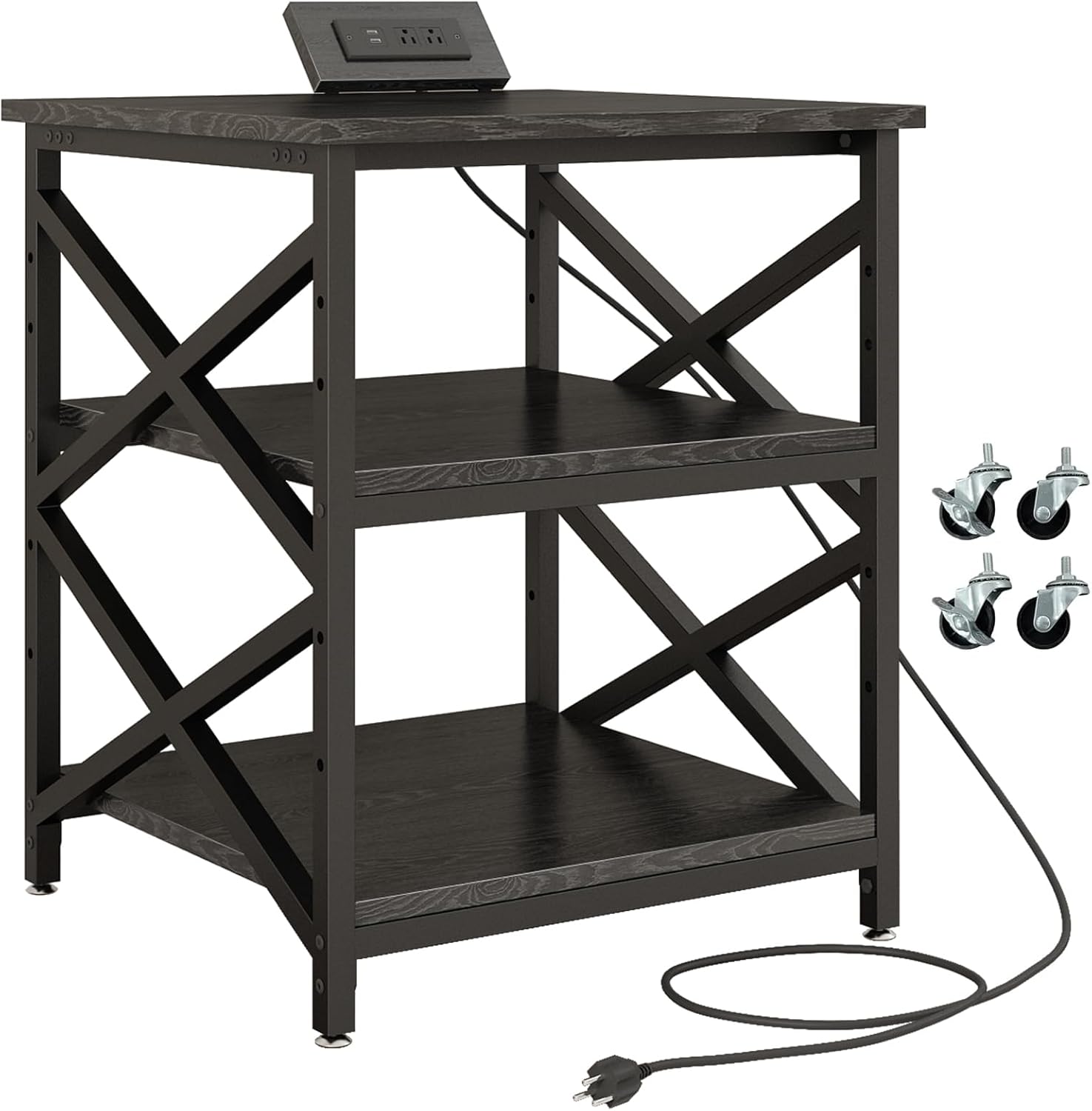 METYERRY Large Printer Stand with Power Outlet, with Height Adjustable Storage Shelf, 3 Tier Rolling Printer Cart with Industrial Wheels, 23.6 x 23.6 Inches Printer Table for Home Office,Black