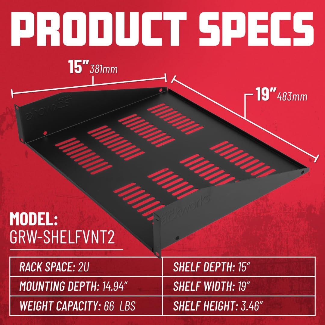 Gator Rackworks Universal Rack Mounting Vented Accessory Shelf, 2U Size - 15' Deep (GRW-SHELFVNT2)