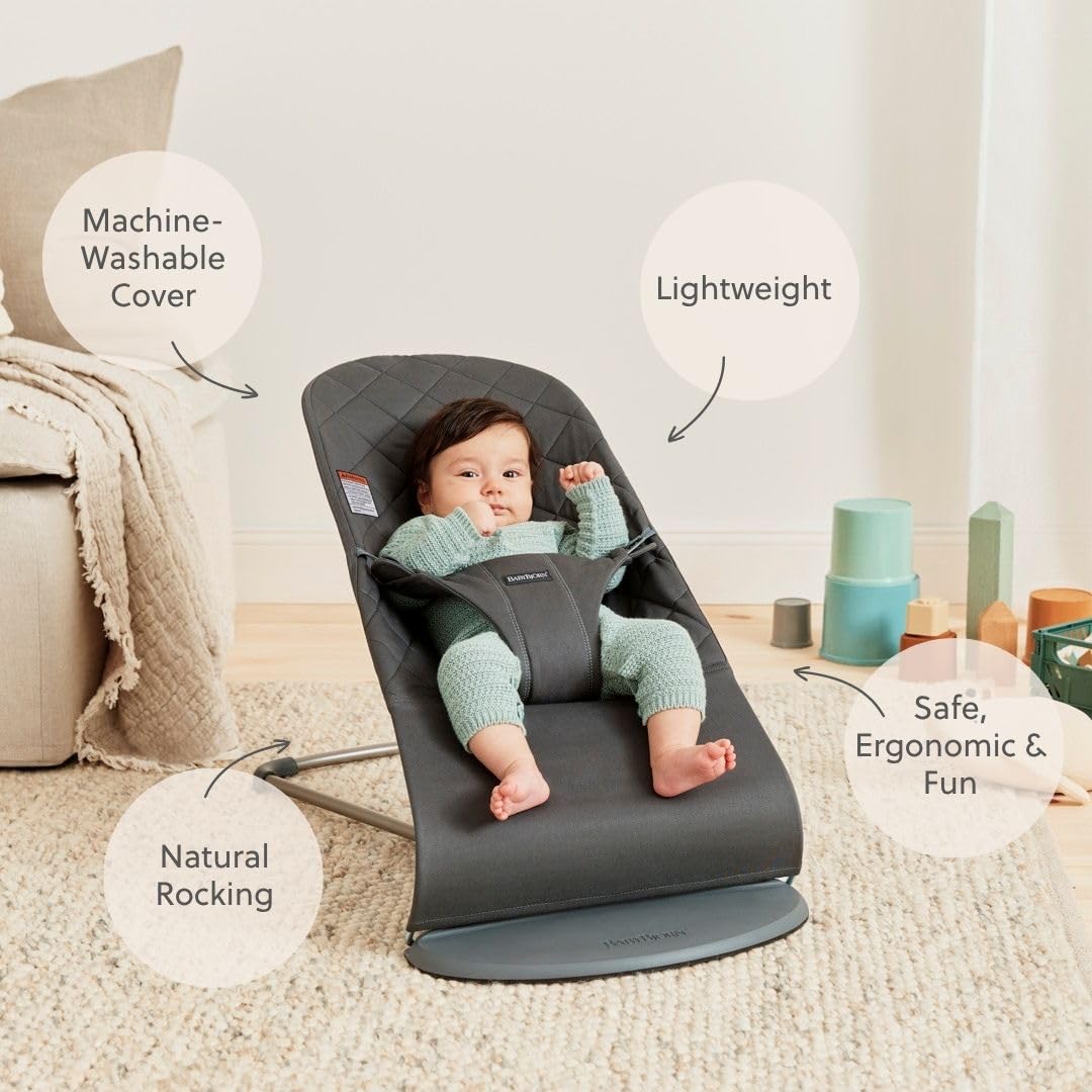 BabyBjörn Bouncer Bliss, Anthracite, Woven, Classic Quilt | 2-in-1 Adjustable Baby Bouncer Seat and Toddler Chair, Newborn to Toddler (8-29 lbs), 4 Positions, Lightweight & Portable